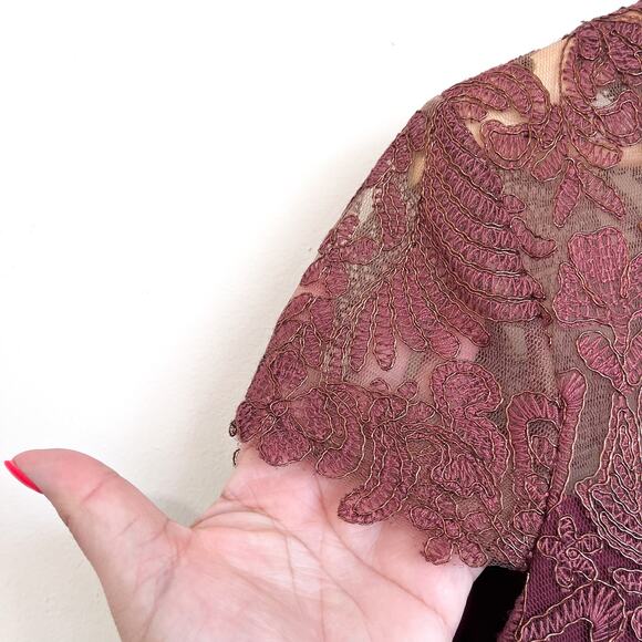 Tadashi Shoji Lace Dress Size 14 Brown Feminine Romantic Gala Sheath Midi Dainty - Picture 6 of 12